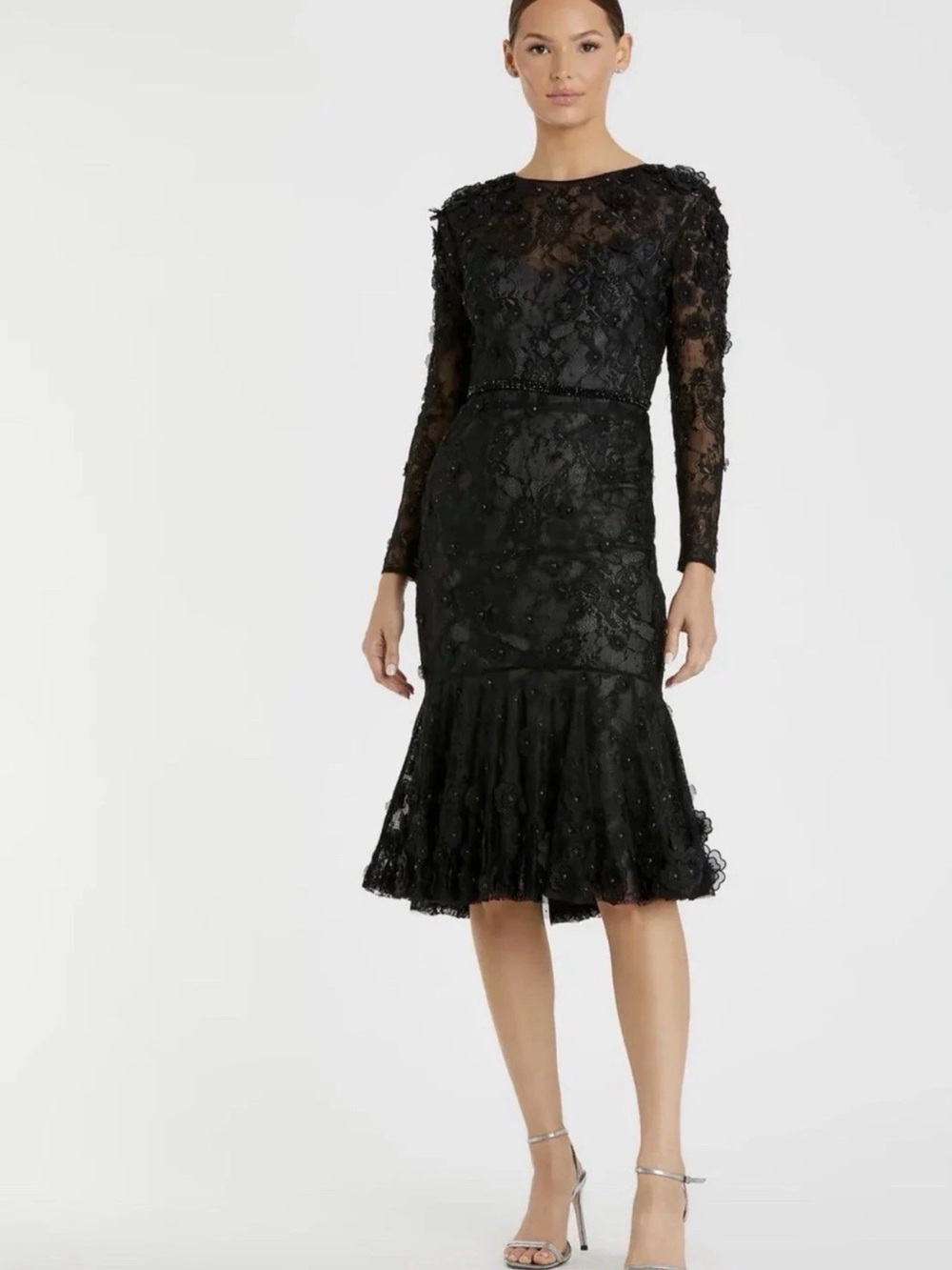 Mac Duggal Black Floral Long Sleeve Beaded Lace High neck Midi Dress Size 4 New